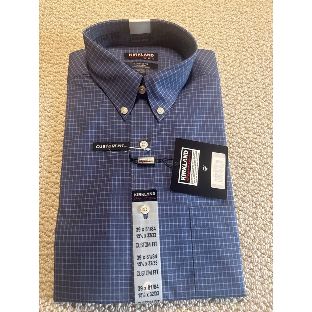 Kirkland Signature Blue Check Non-Iron Dress Shirt Custom Fit 15.5 32/33 Mens